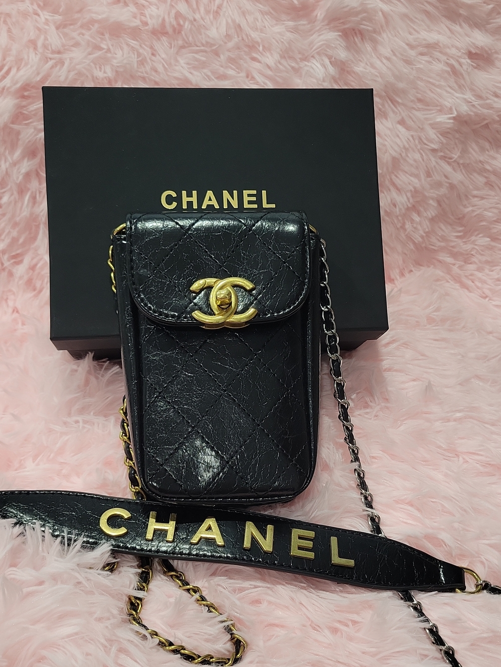 CHANEL Black Quilted Leather Phone Pouch with Gold CC Hardware Box Not Included